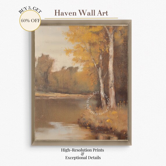 Moody Autumn Birch Trees by Lake Painting Warm Earth Tones Poster