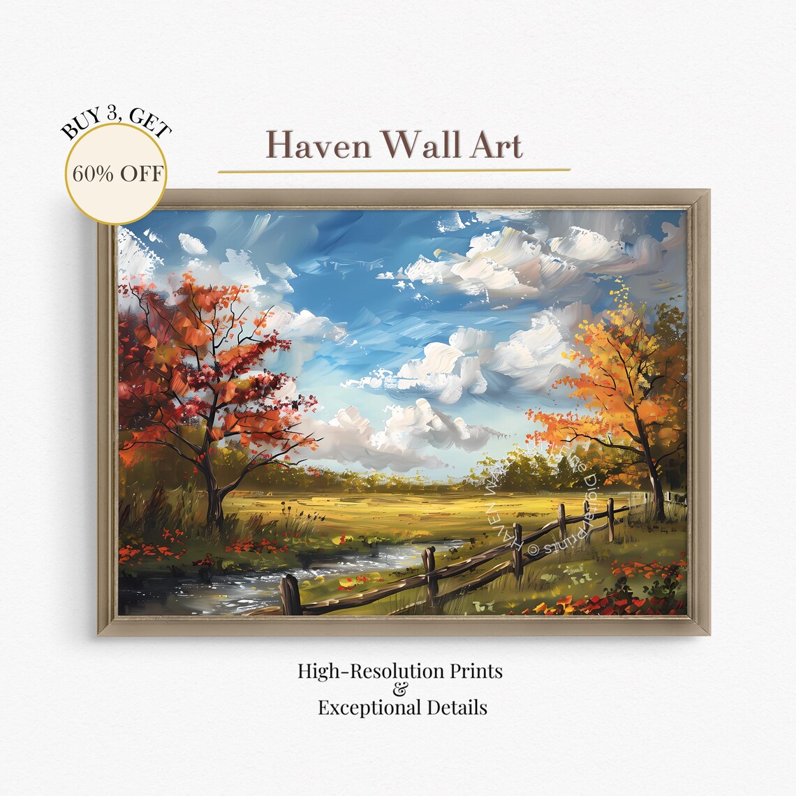 Colorful Autumn Field Landscape With Stream, Art Print