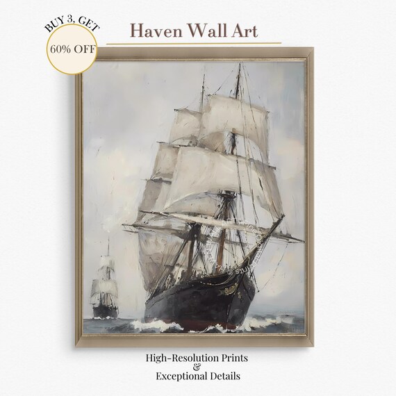 Classic Tall Ship Full Sails Misty Ocean Vintage Nautical Art Poster