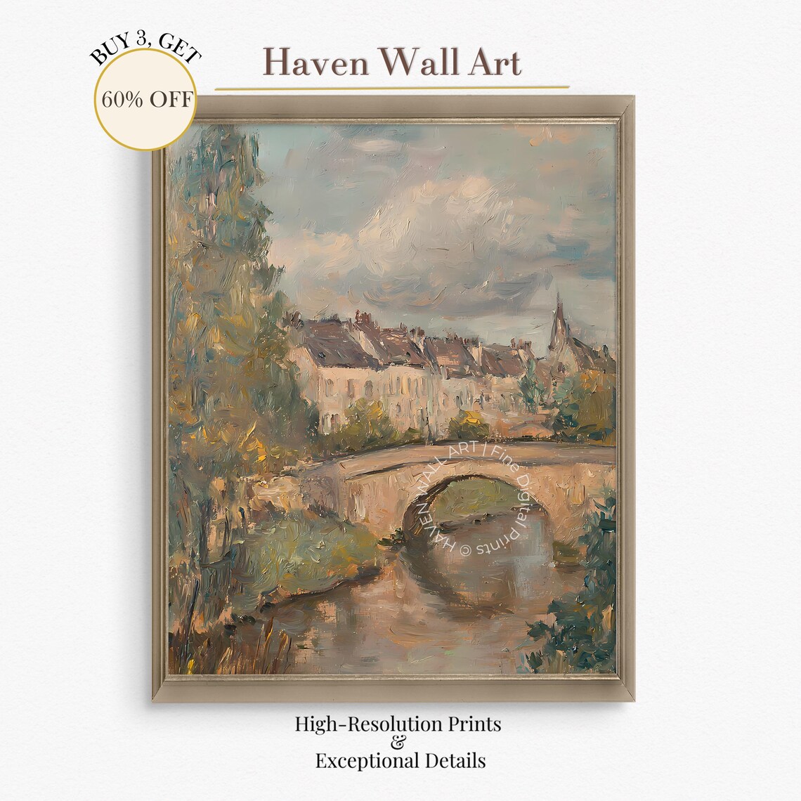Vintage French Village Stone Bridge River Oil Painting Poster