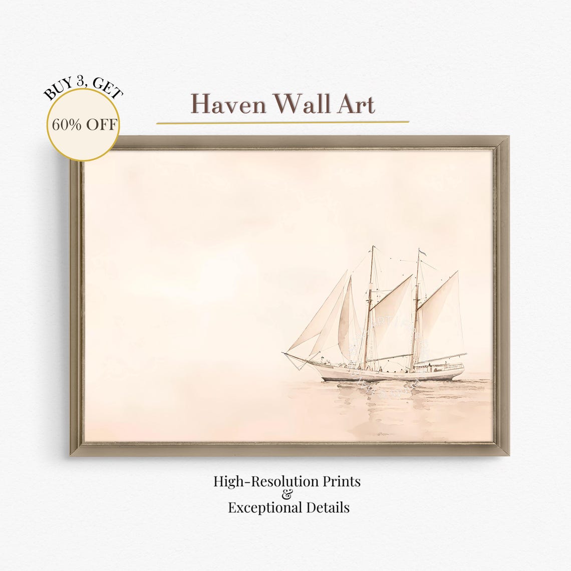 Small Sailing Schooner Blush Watercolor Minimalist Coastal Art Poster