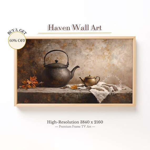 Antique Kettles Autumn Leaves Rustic Still Life Painting Poster