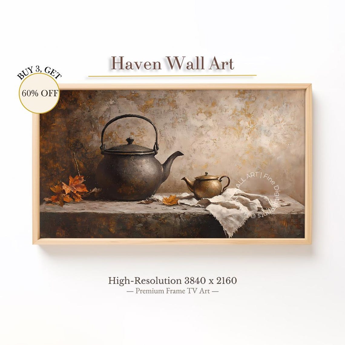 Antique Kettles Autumn Leaves Rustic Still Life Painting Poster