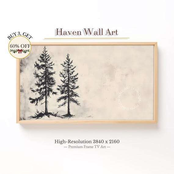 Rustic Twin Pine Sketch Scandinavian Line Art Samsung Frame Tv Modern Vintage Decor Black And White Wall Twl027