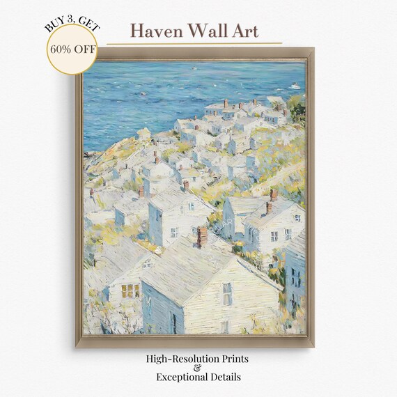 Whitewashed Hillside Village Above Blue Sea Summer Town Wall Art