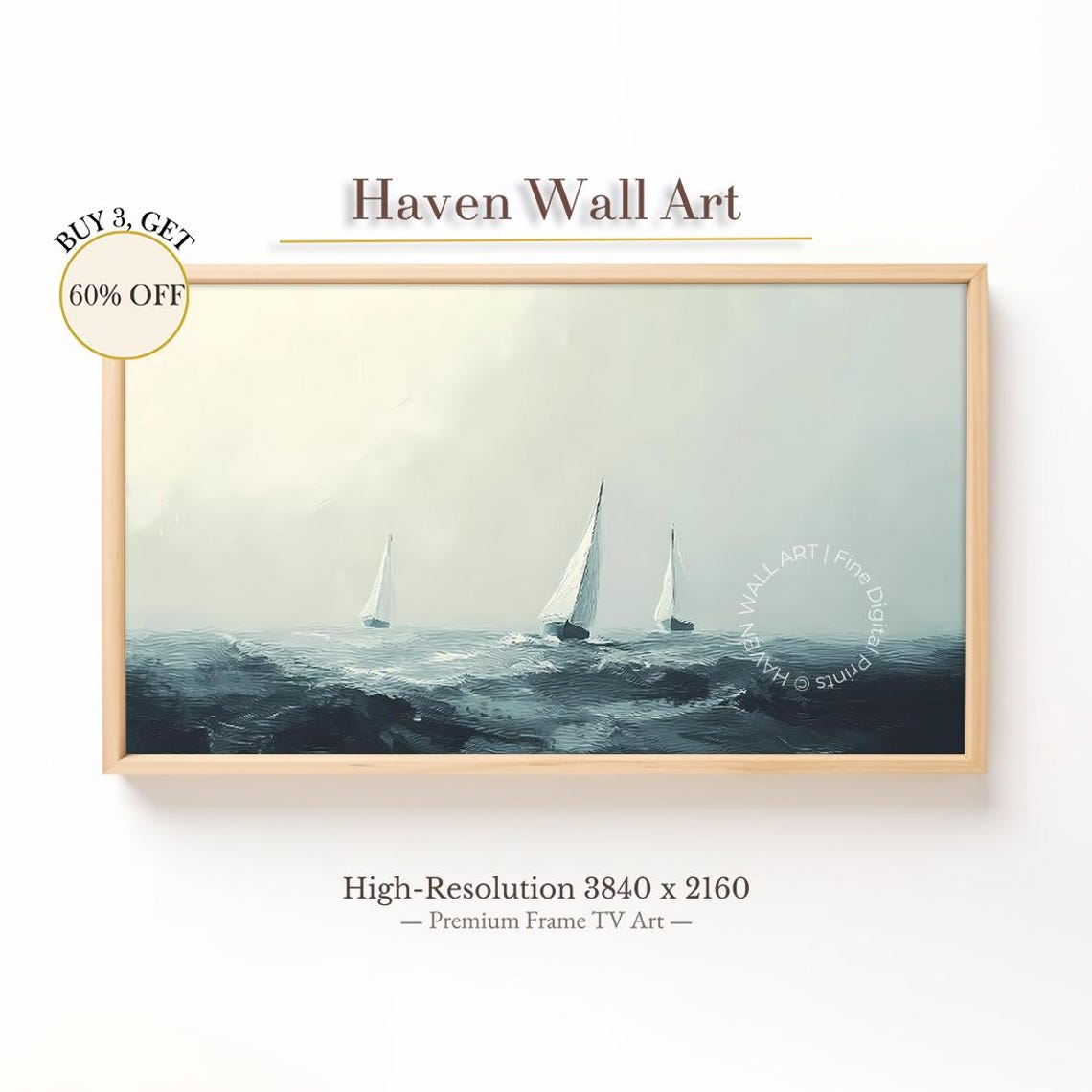 Three Sailboats on Choppy Teal Waves Vintage Nautical Ocean Poster