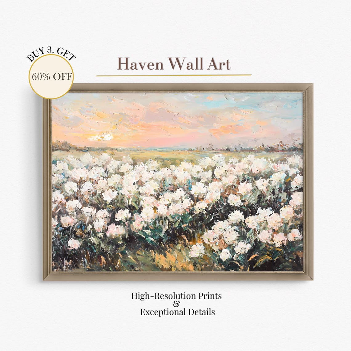 White Peony Field at Sunset Pink Sky Impressionist Art Poster