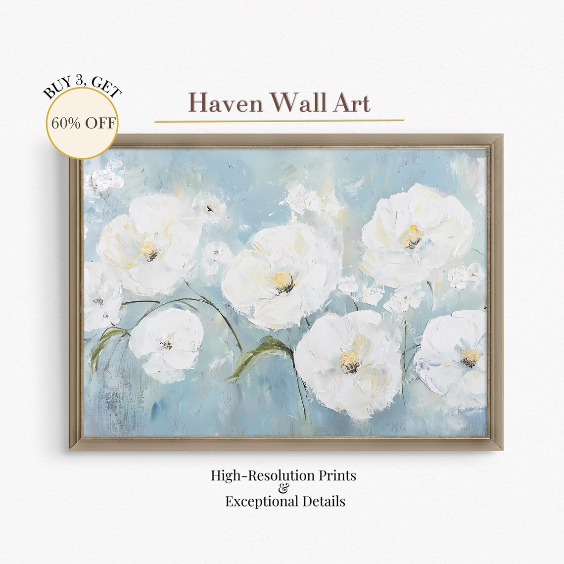 White Blossom Flowers on Light Blue Floral Oil Painting Poster