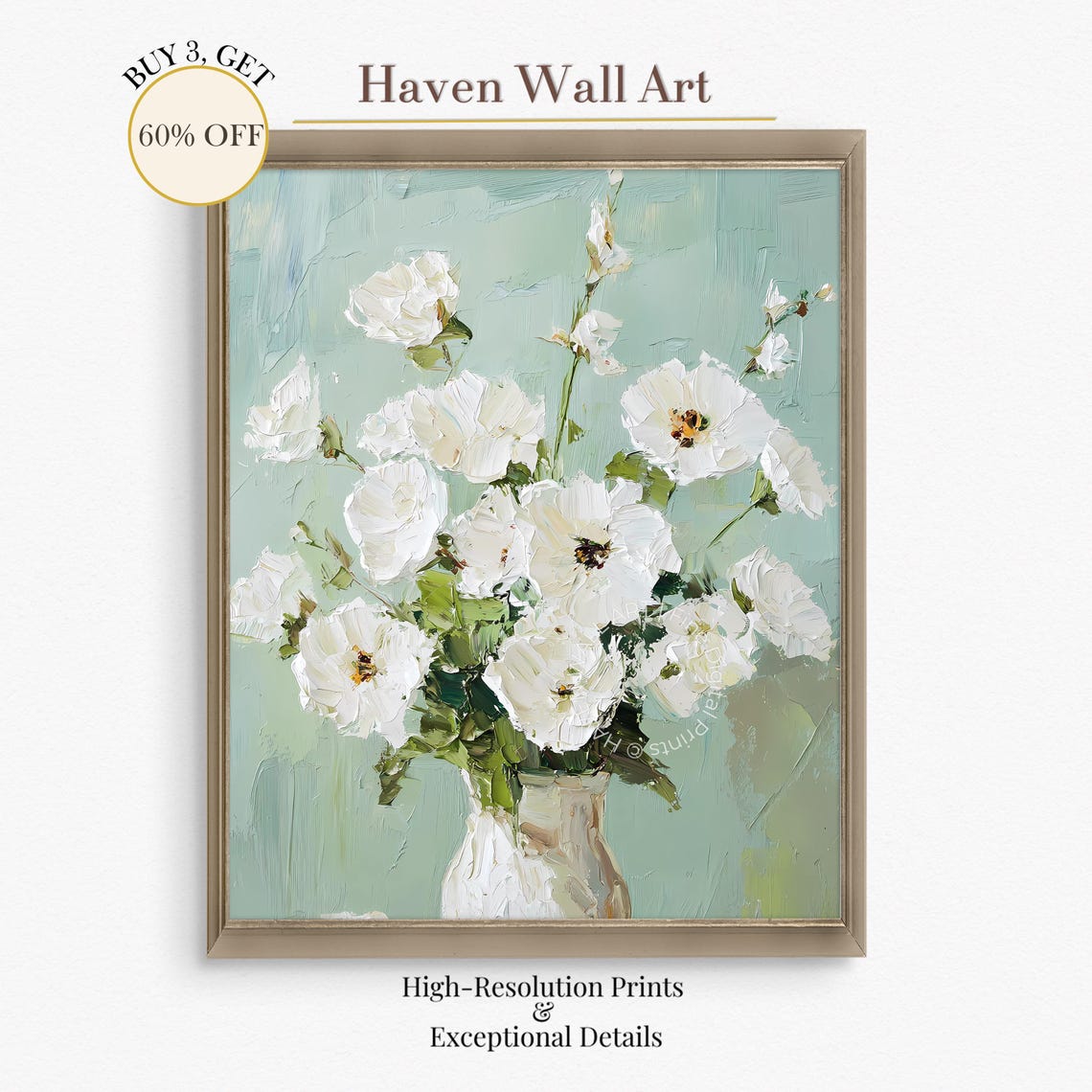 White Flower Bouquet in Vase Mint Background Vintage Floral Poster