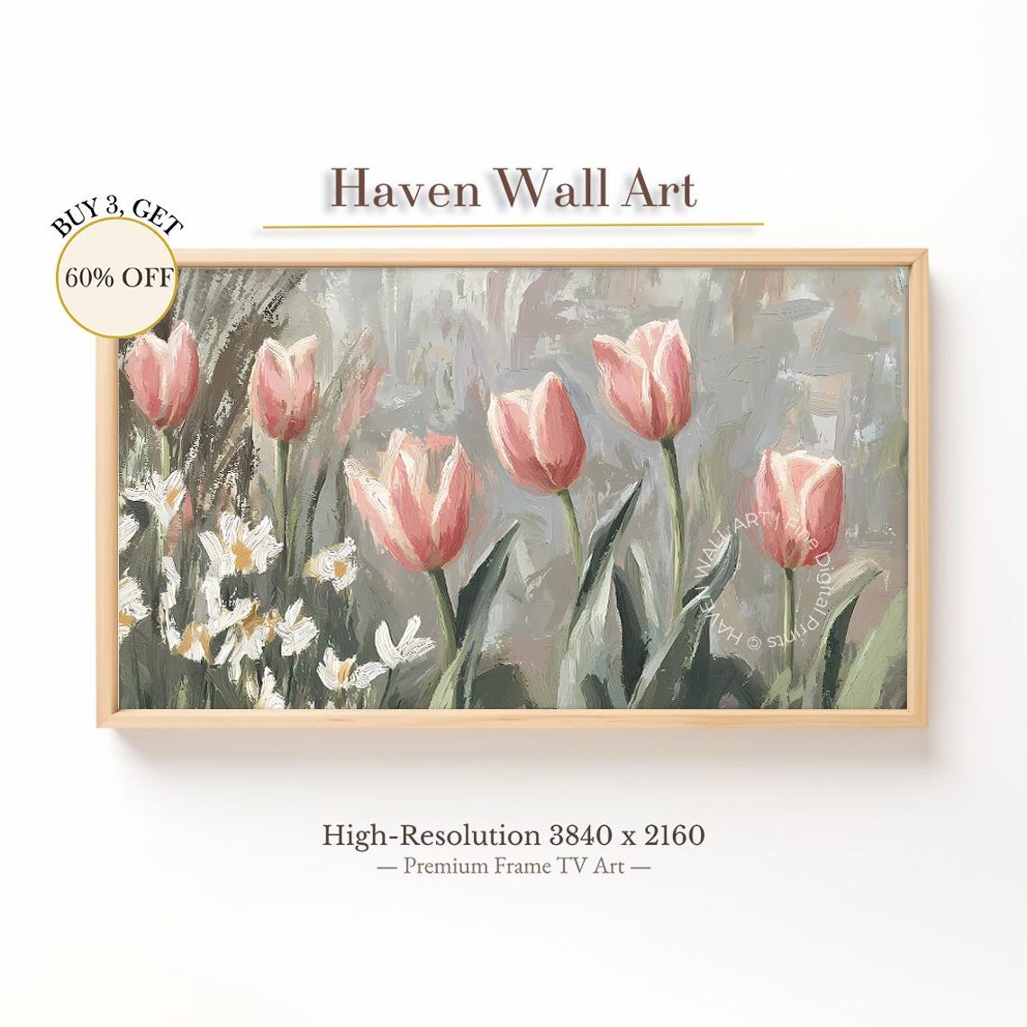 Pink Tulips White Daisies Vintage Oil Soft Grey Floral Wall Art