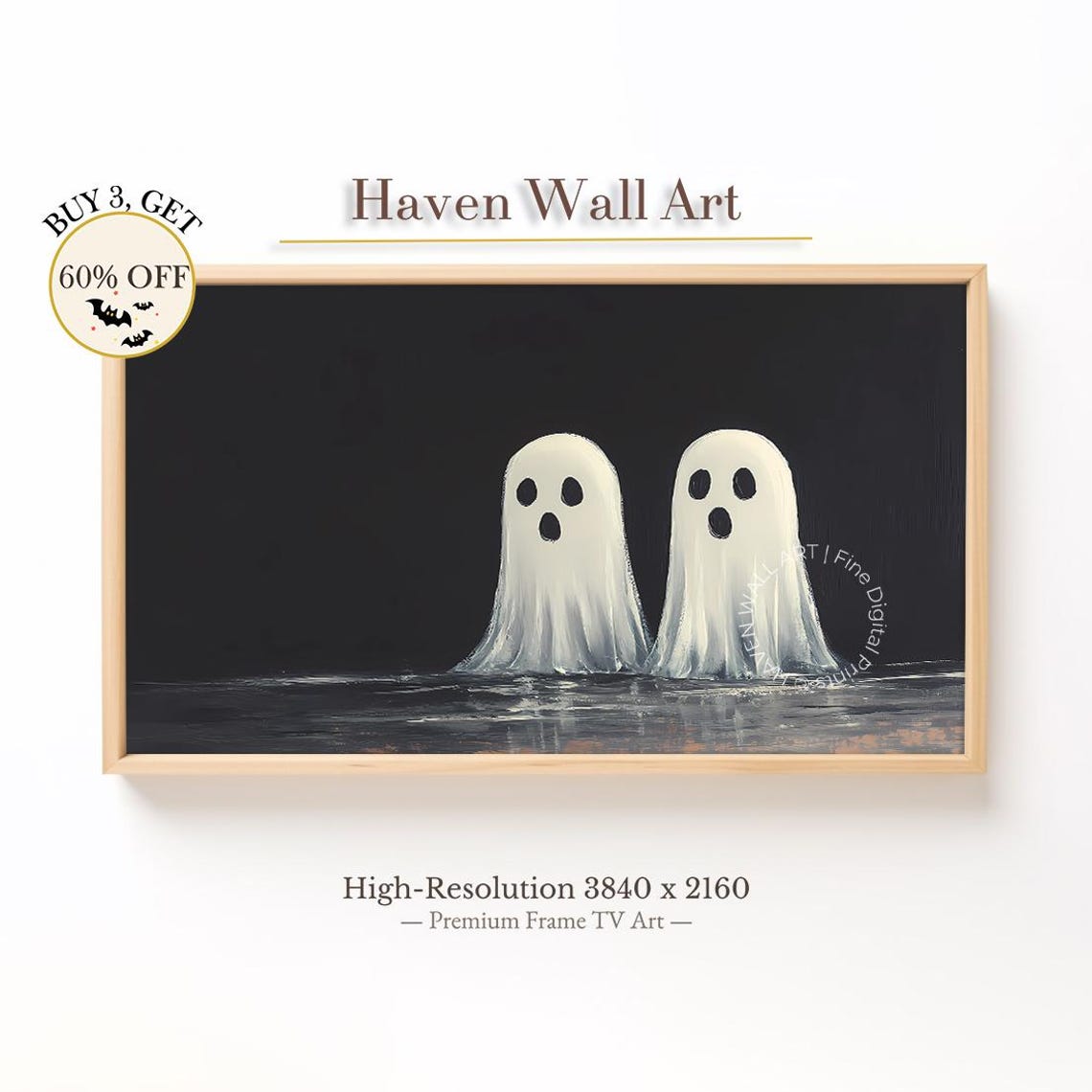 Minimalist Ghosts Pair Frame TV Halloween Black White Spooky Wall Art