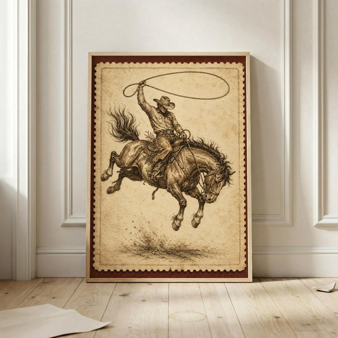 Vintage Cowboy Bronc Rider Lasso Stamp Art Western Rodeo Bronco Poster
