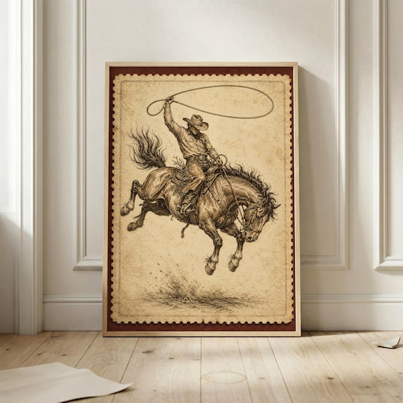 Vintage Cowboy Bronc Rider Lasso Stamp Art Western Rodeo Bronco Poster