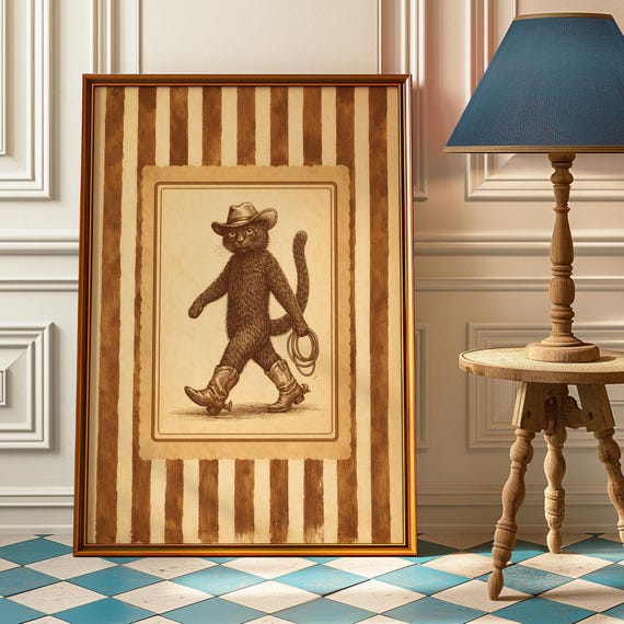 Cowboy Cat Poster Black Western Wall Art Funny Vintage Lasso Print Quirky Country Decor