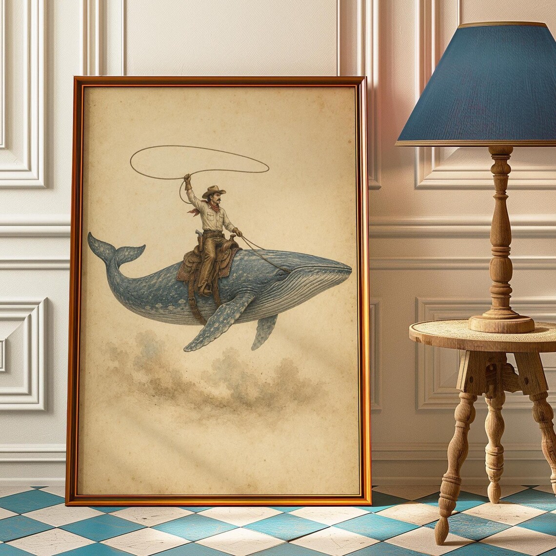 Cowboy Riding Flying Whale Lasso Sepia Vintage Western Whimsy Art Poster