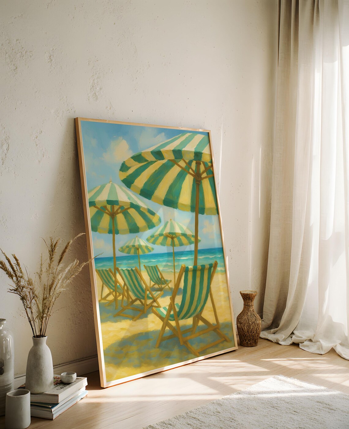 Striped Beach Umbrella Aerial Sage Green Retro Coastal Poster
