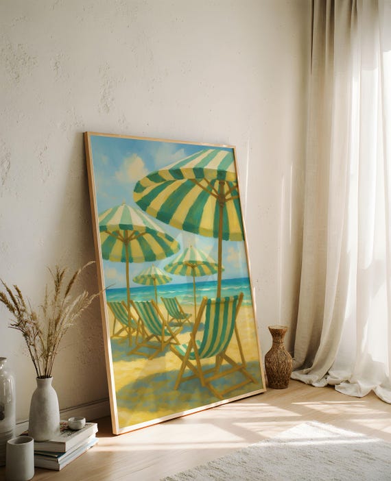 Vintage Beach Umbrella Aerial Print Sage Green Retro Coastal Wall Art