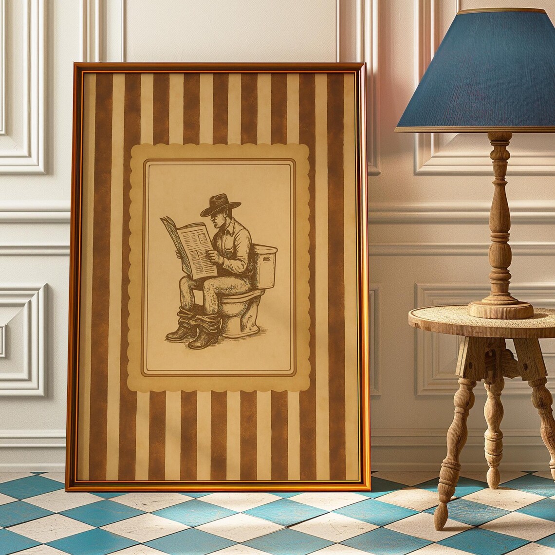 Vintage Cowboy Bathroom Poster, Western Humor Art Print