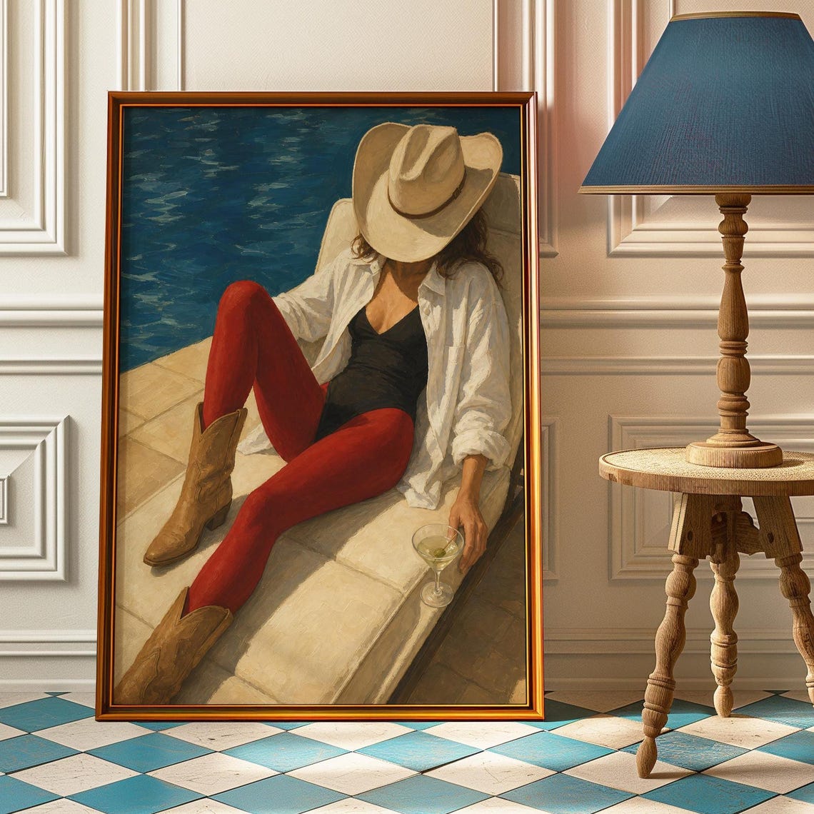 Poolside Cowgirl Martini Poster Pool Cabana Wall Art Chic Western Print