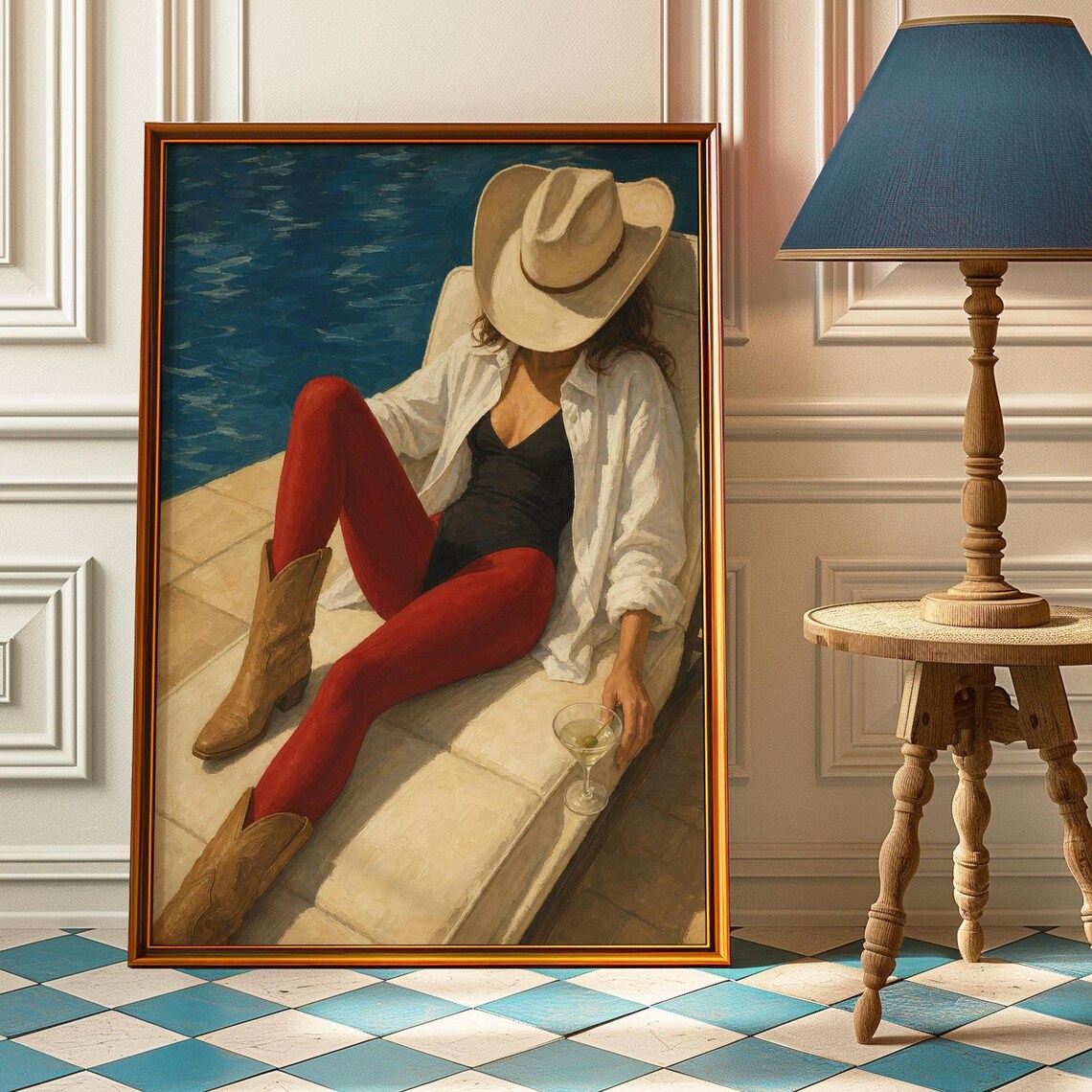 Poolside Cowgirl Martini Red Boots Western Glam Sunlit Poster