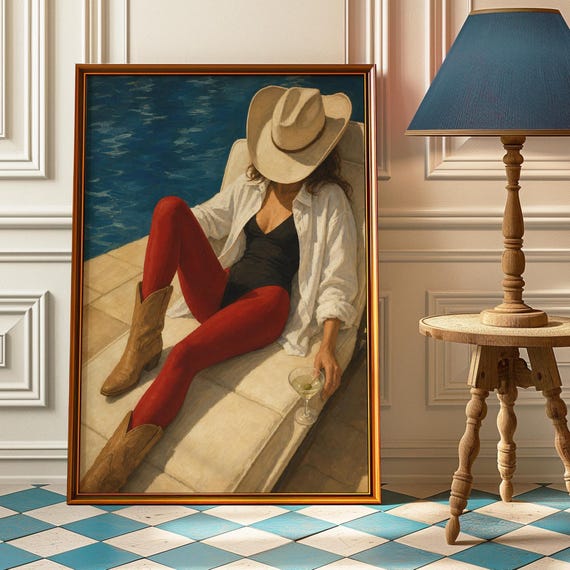 Poolside Cowgirl Martini Poster Pool Cabana Wall Art Chic Western Print