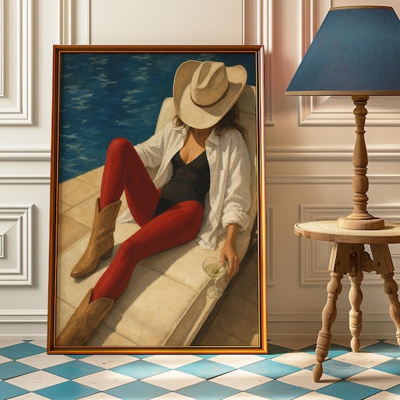 Poolside Cowgirl Martini Red Boots Western Glam Sunlit Poster
