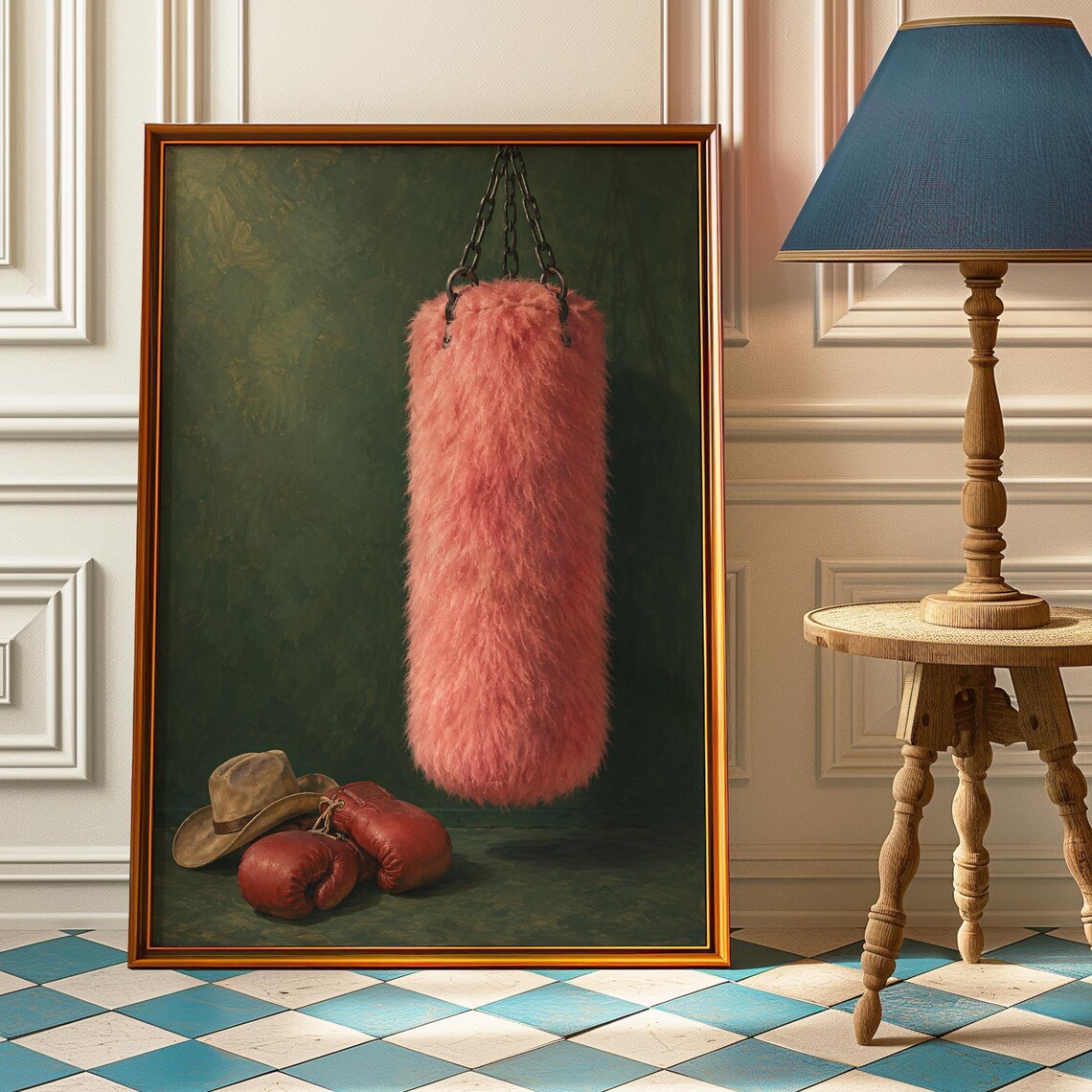 Pink Fuzzy Punching Bag Boxing Gloves Western Style Artwork Poster