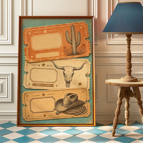 Southwestern Tickets Wall Art Vintage Cactus Cow Skull Poster Trio Desert Cowboy Print Boho Western Decor