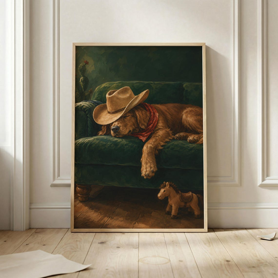Cowboy Dog Sleeping Golden Retriever Western Hat Bandana Art Poster