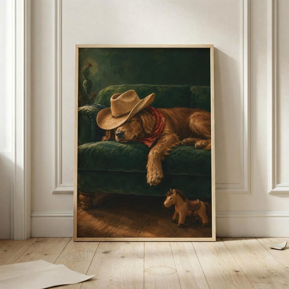 Cowboy Dog Poster Western Sleeping Wall Art Vintage Hat Print