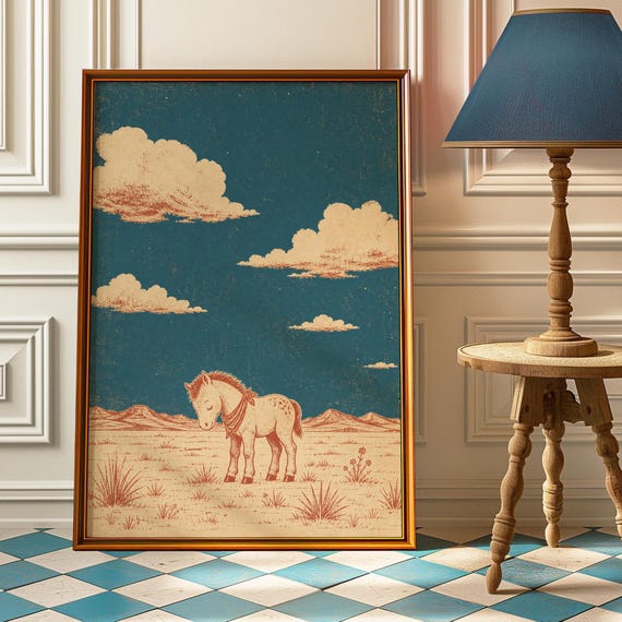 Vintage Pony Nursery Poster Western Desert Wall Art Retro Horse Print Sleepy Painting Country Decor Baby Boy Gift