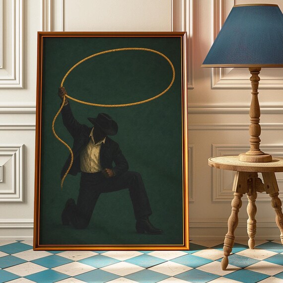 Cowboy Lasso Western Poster Rodeo Rope Art Dark Green Vintage Style