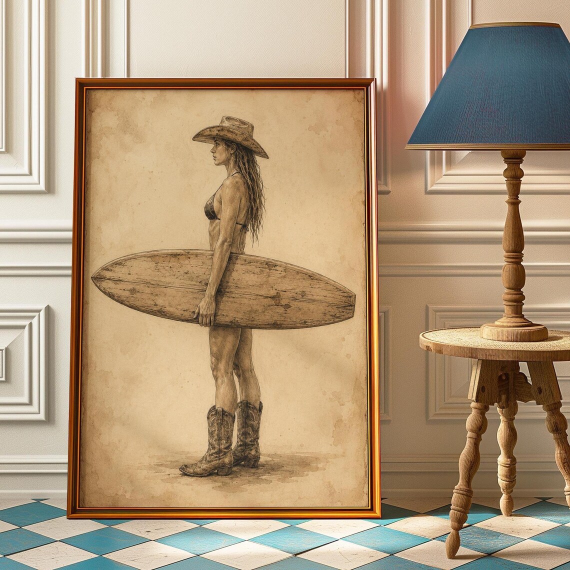 Beach Cowgirl Surfboard Sepia Vintage Coastal Western Poster
