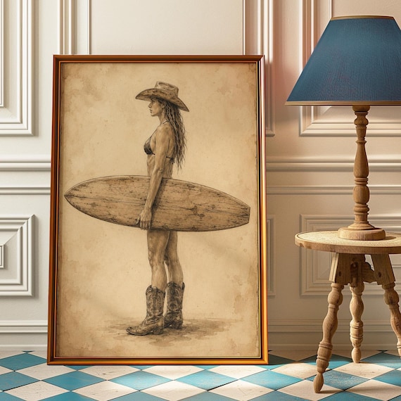 Beach Cowgirl Surfboard Sepia Vintage Coastal Western Poster