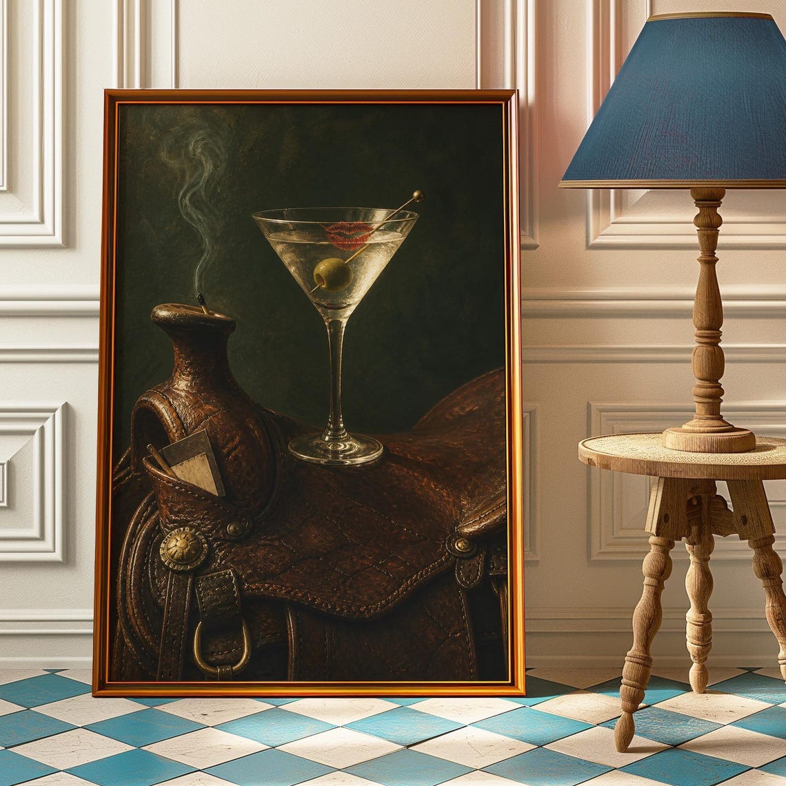 Martini Glass on Cowboy Saddle Western Dark Oil Still Life Poster