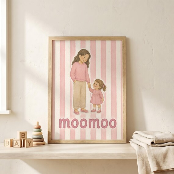 Sweet Moomoo Mother and Daughter Pink Striped Nursery Poster