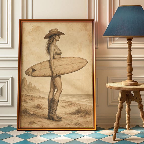 Beach Cowgirl Poster Sepia Surfer Wall Art Vintage Coastal Print Surfboard Painting Malibu Bedroom Decor Surf Lover Gift