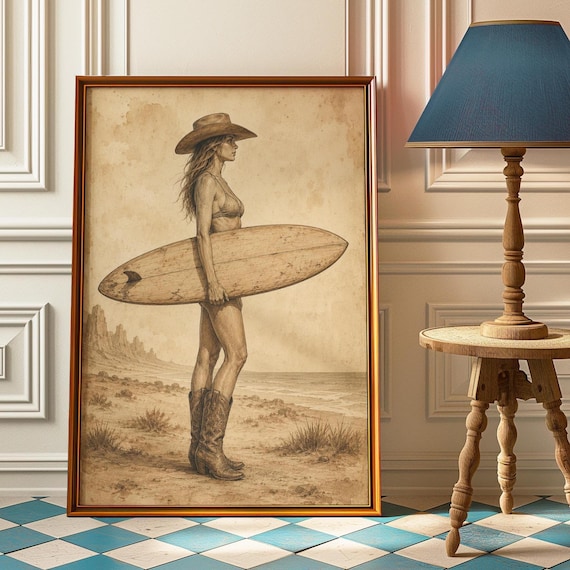 Beach Cowgirl Surfer Sepia Vintage Coastal Western Style Poster