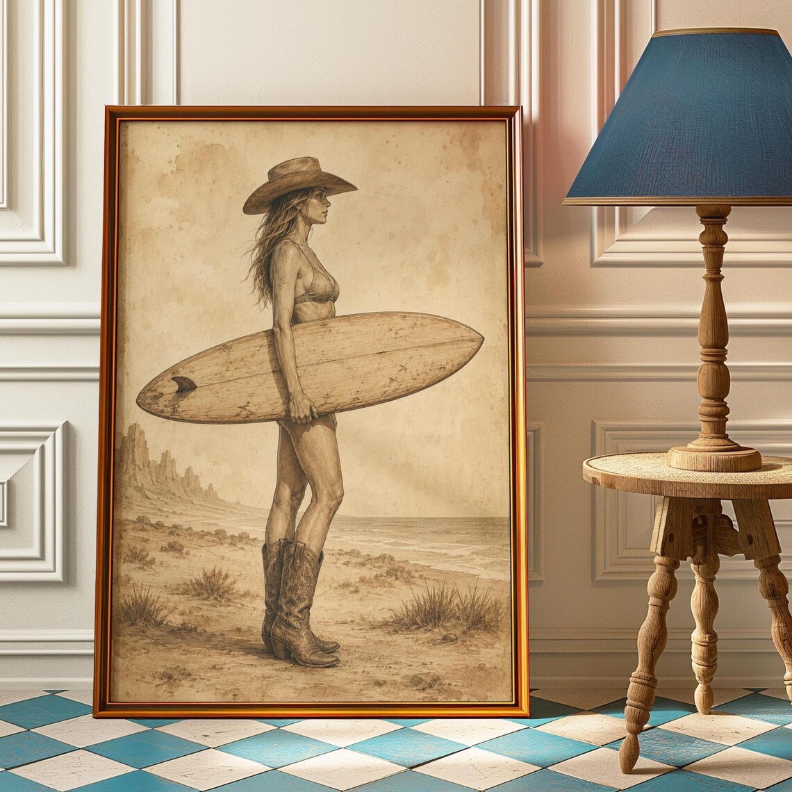 Beach Cowgirl Surfer Sepia Vintage Coastal Western Style Poster