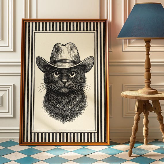 Black Cat Cowboy Poster Modern Western Wall Art Detailed Portrait Print Minimalist Country Decor
