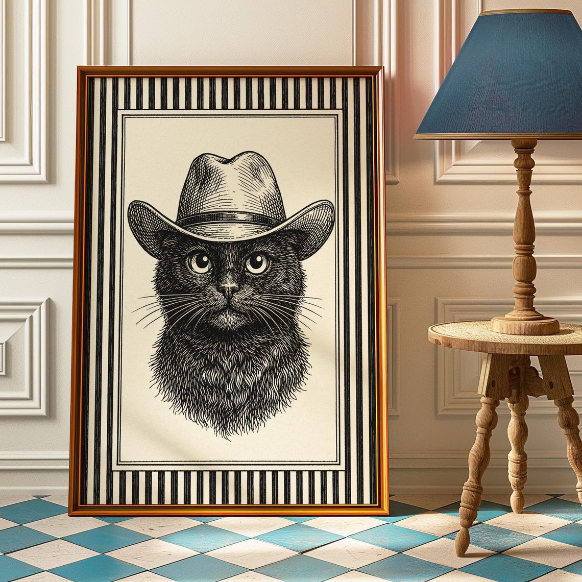 Black Cat Cowboy Hat Ink Sketch Bold Striped Vintage Animal Poster