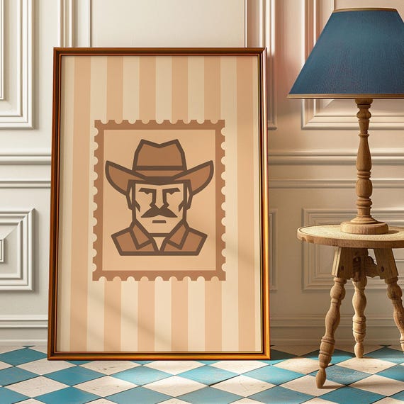 Vintage Cowboy Stamp Wall Art Western Country Decor Poster Rustic Stripe Print For Home Retro Farmhouse Hanging Gift