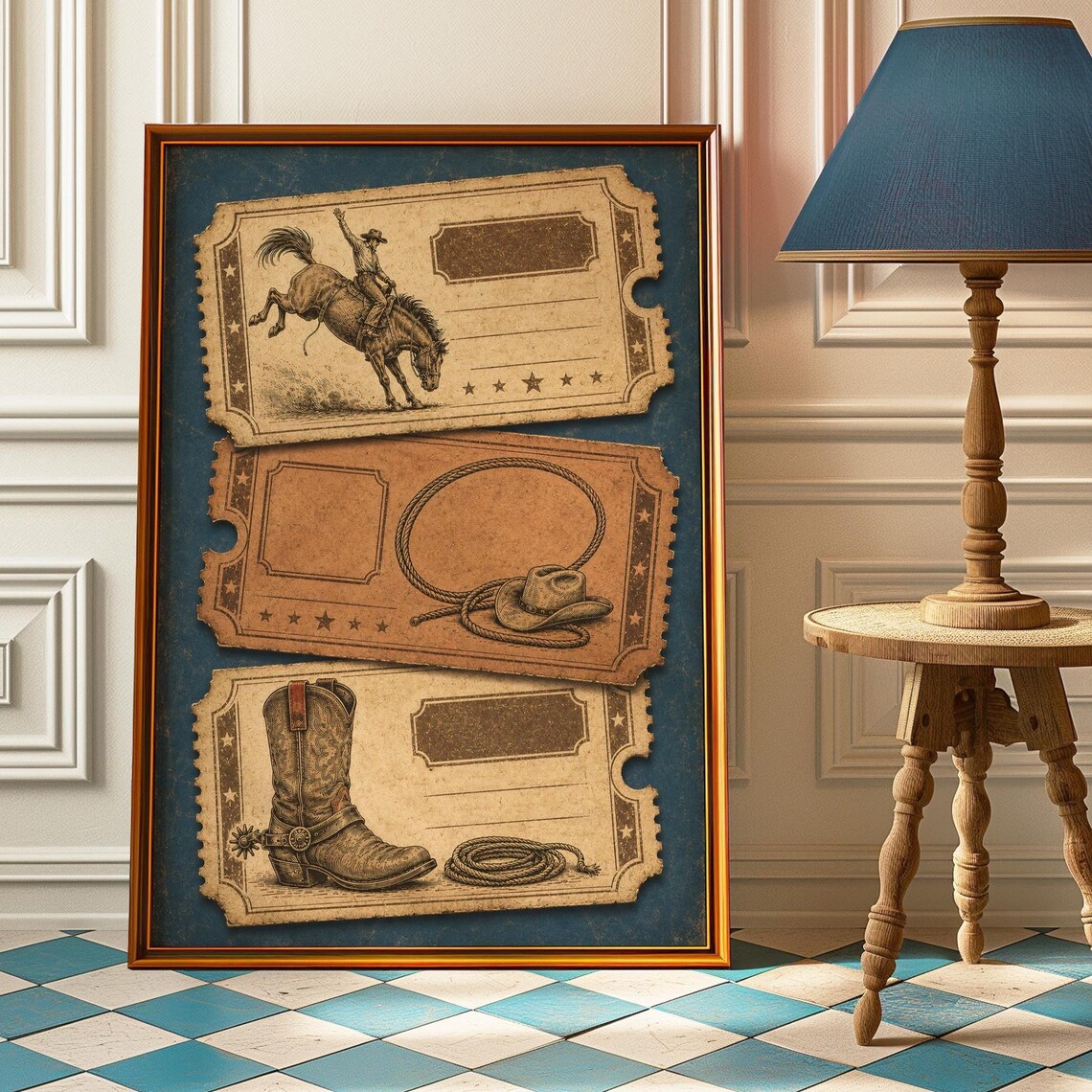 Blue Western Rodeo Tickets Trio Bronc Rider Boot Lasso Vintage Stamp Poster