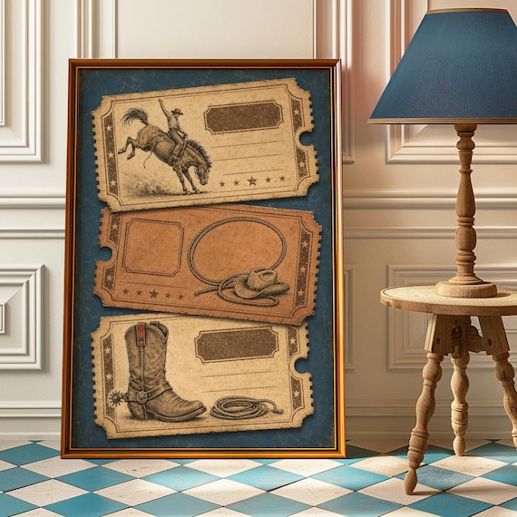 Blue Cowboy Tickets Wall Art Vintage Western Gallery Set Rodeo Poster Trio Gift For Him Decor