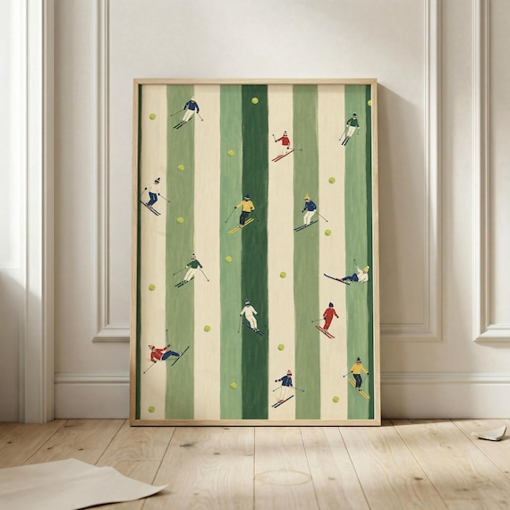 Retro Skiers Striped Slope Folk Art Winter Cabin Decor Poster