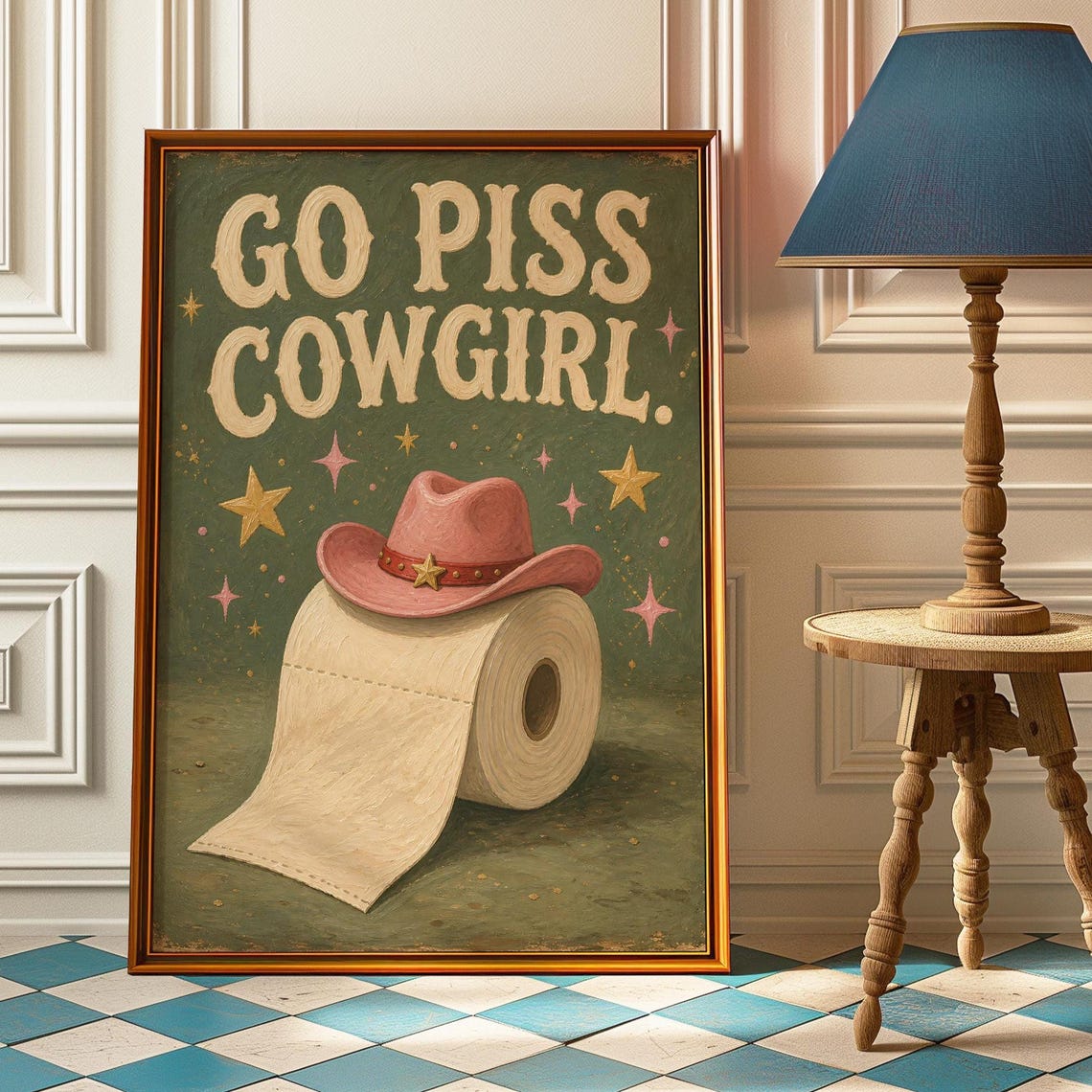 Go Piss Cowgirl Poster Funny Bathroom Wall Art Pink Cowboy Hat Print Western Toilet Humor Painting Powder Room Decor Gift