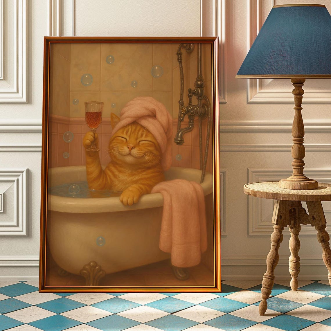 Funny Cat In Bathtub Print Retro Bathroom Wall Art