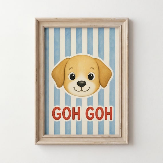 Cute Puppy Face Nursery Poster Goh Goh Red Letters Striped Baby Decor