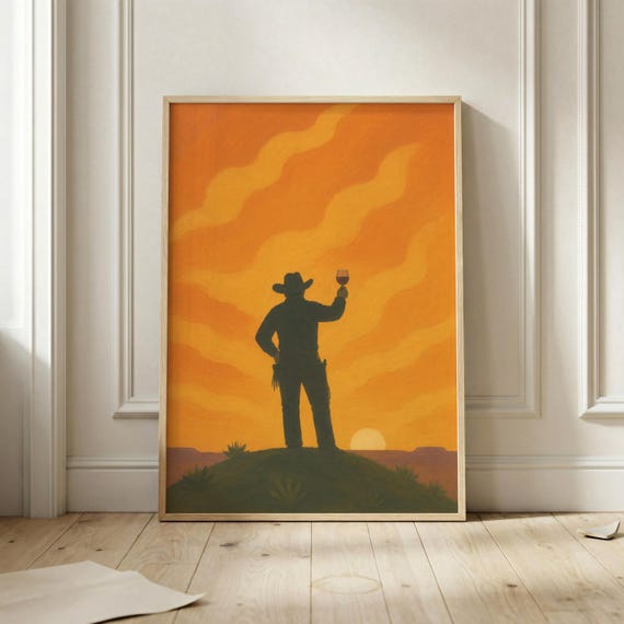 Cowboy Wine Glass Sunset Poster Bold Orange Bar Cart Wall Art Western Cocktail Print