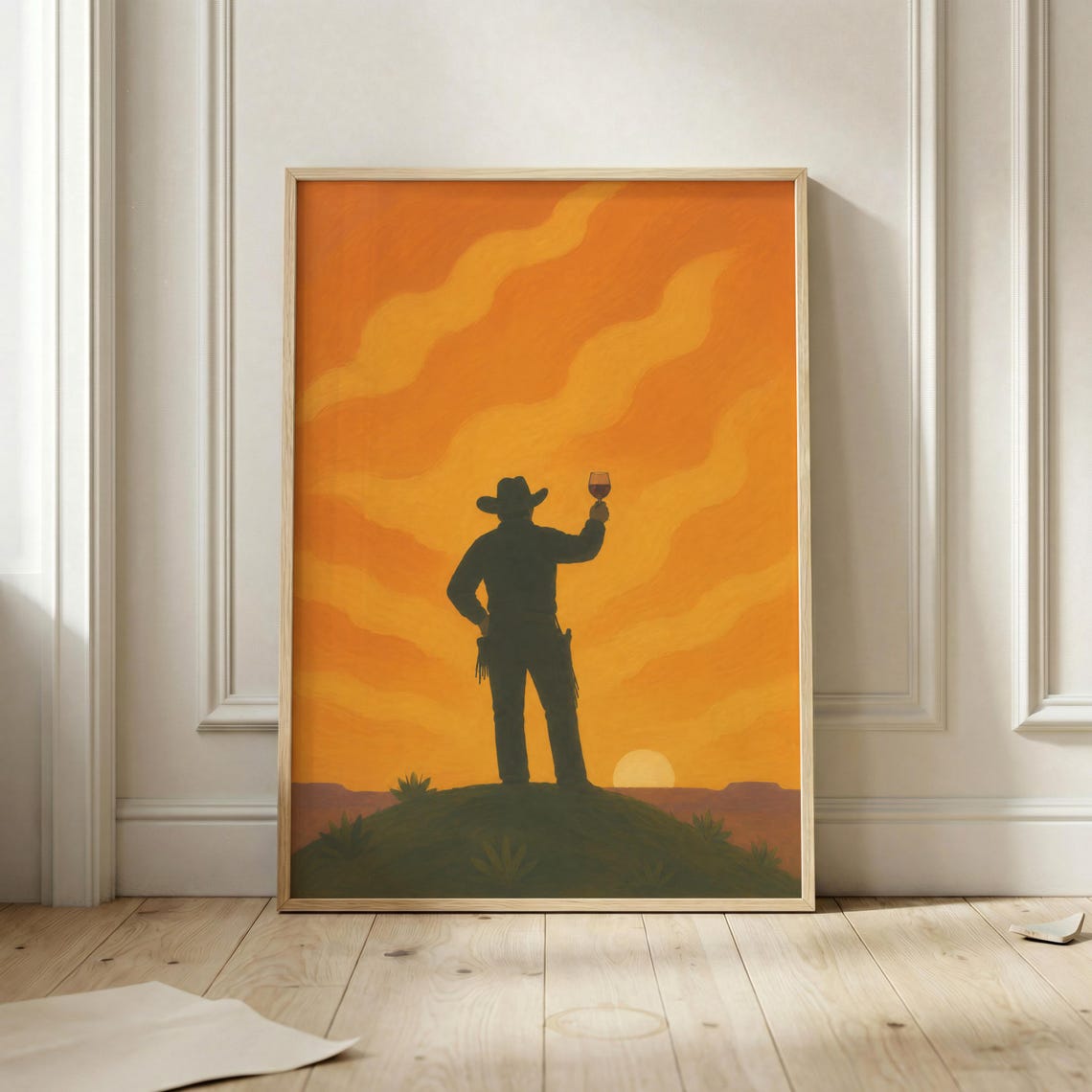 Cowboy Wine Glass Sunset Poster Bold Orange Bar Cart Wall Art Western Cocktail Print